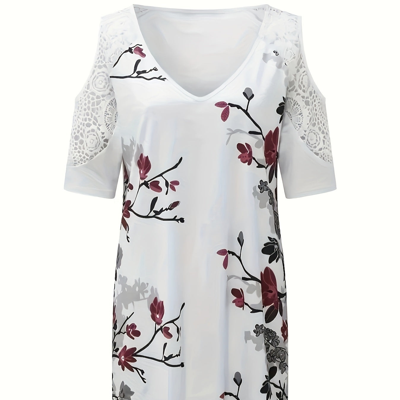 Women's V-neck Floral Print Contrasting Lace Off Shoulder Top
