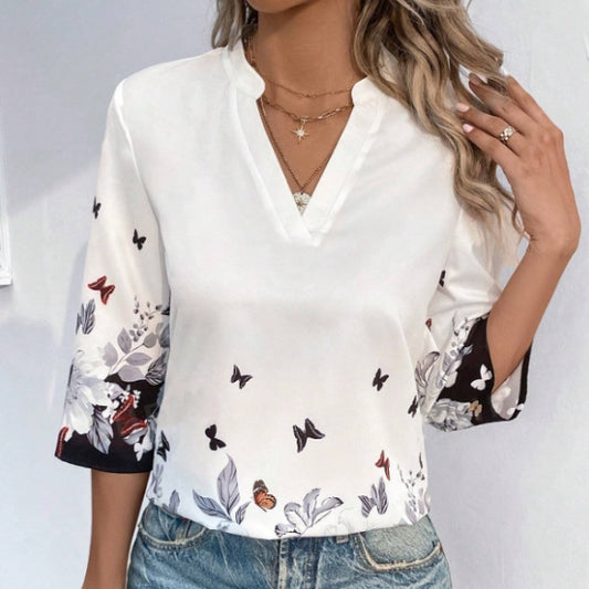 Ladies' Butterfly Flower Print V-neck Seven Quarter Sleeve Contrasting T-shirt Top