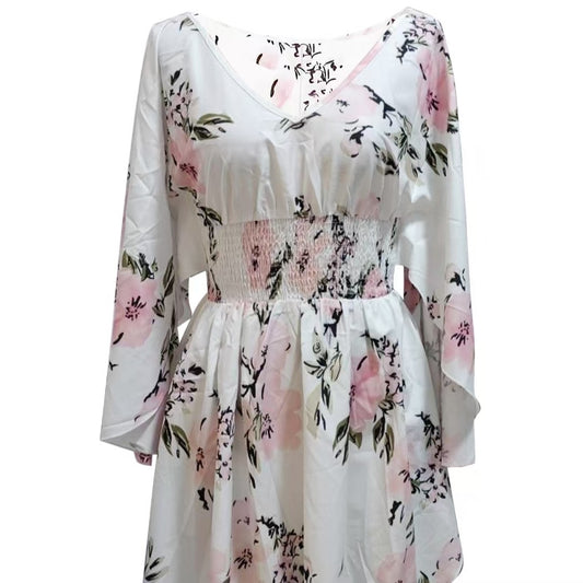 Ladies' Floral Print Waist With Ruffled Edges, Big V-neck, Sexy Asymmetrical Hem, Elegant Seaside Vacation Style Short Dress
