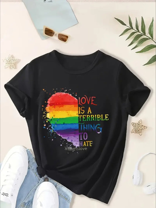 LOVE IS A TERRIBLE THING TO HATE And Cartoon Rainbow Heart Graphic Print, Girls' Casual Crew Neck Short Sleeve T-shirts, Comfy Top Clothes For Spring And Summer For Outdoor Activities