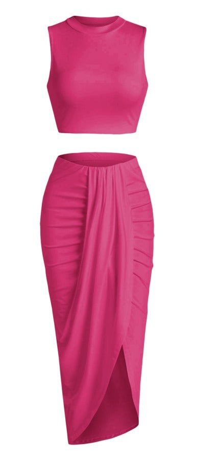 Women's Casual Sleeveless Summer Two Piece Outfits Crop Top And Side Split Draped Ruched Maxi Skirt Set Solid Suiting