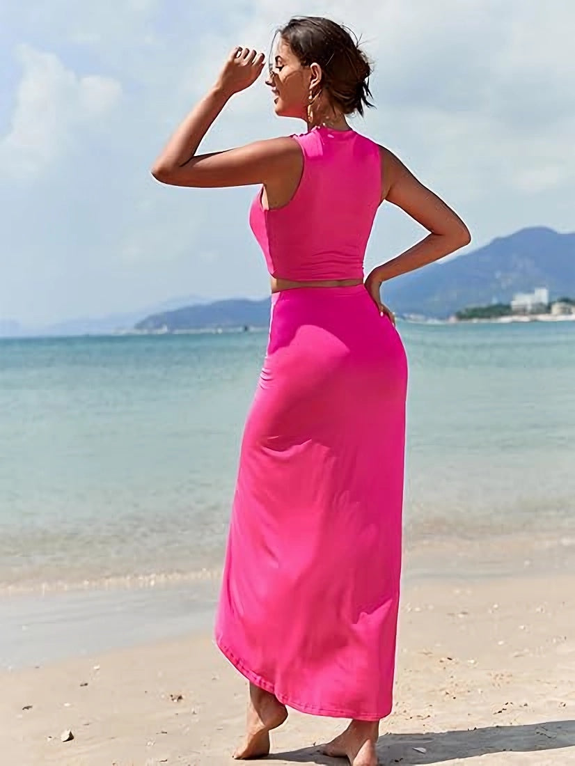 Women's Casual Sleeveless Summer Two Piece Outfits Crop Top And Side Split Draped Ruched Maxi Skirt Set Solid Suiting