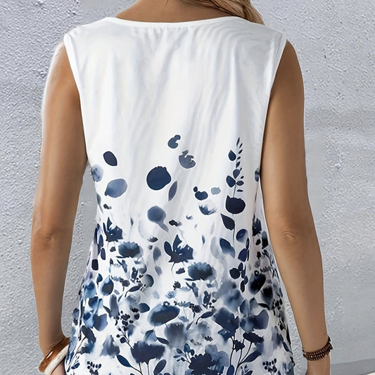 Ladies' Fashionable Sleeveless Vest With Printed Plant Vacation Style Seaside Vest