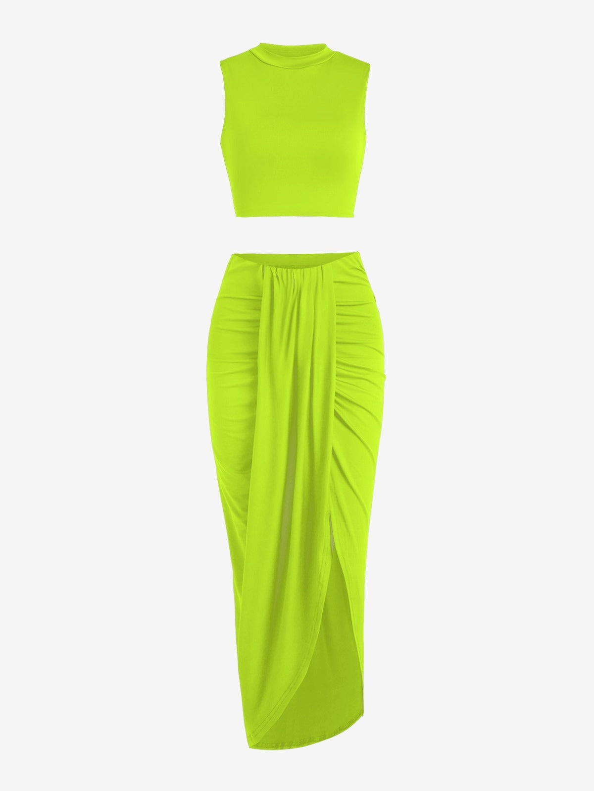 Women's Casual Sleeveless Summer Two Piece Outfits Crop Top And Side Split Draped Ruched Maxi Skirt Set Solid Suiting