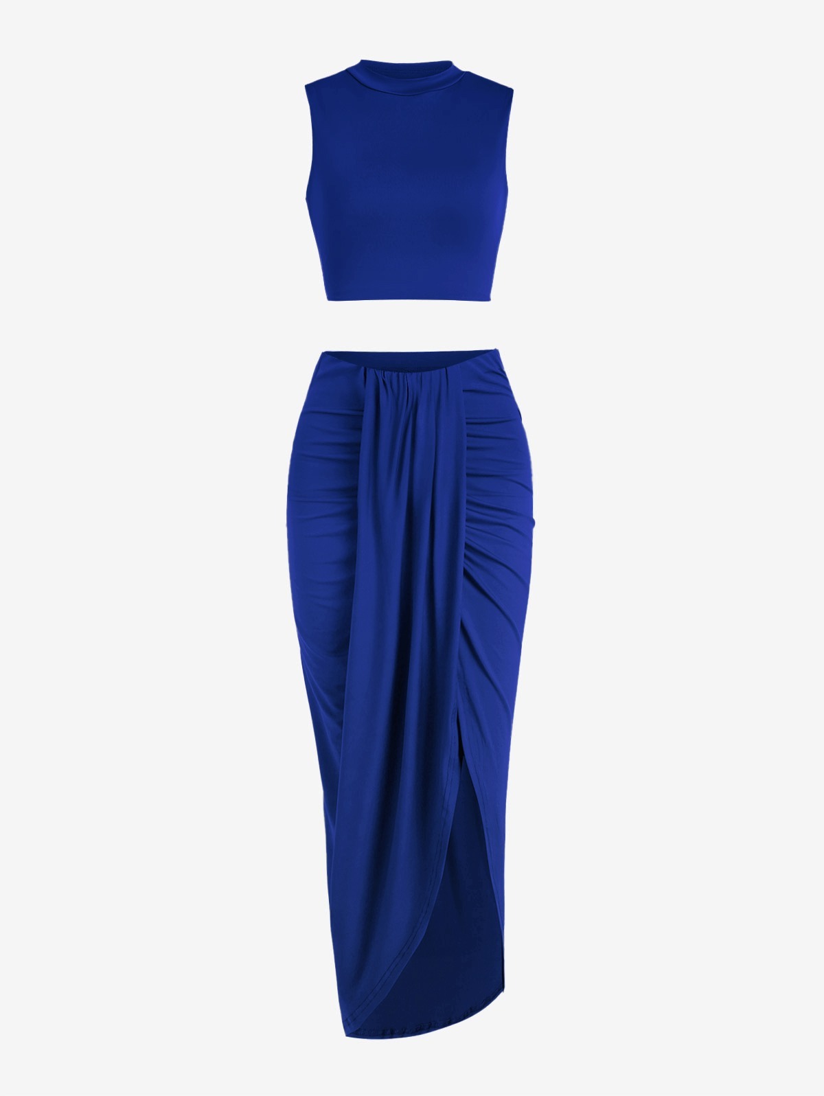 Women's Casual Sleeveless Summer Two Piece Outfits Crop Top And Side Split Draped Ruched Maxi Skirt Set Solid Suiting