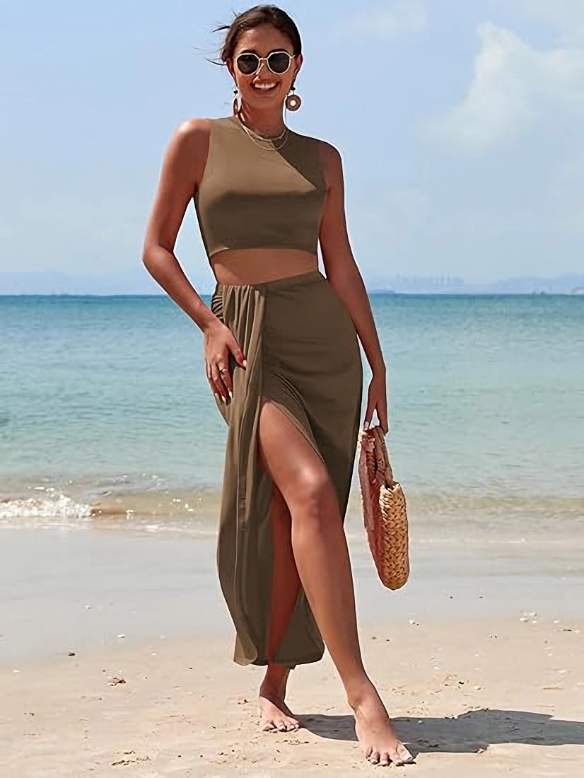 Women's Casual Sleeveless Summer Two Piece Outfits Crop Top And Side Split Draped Ruched Maxi Skirt Set Solid Suiting